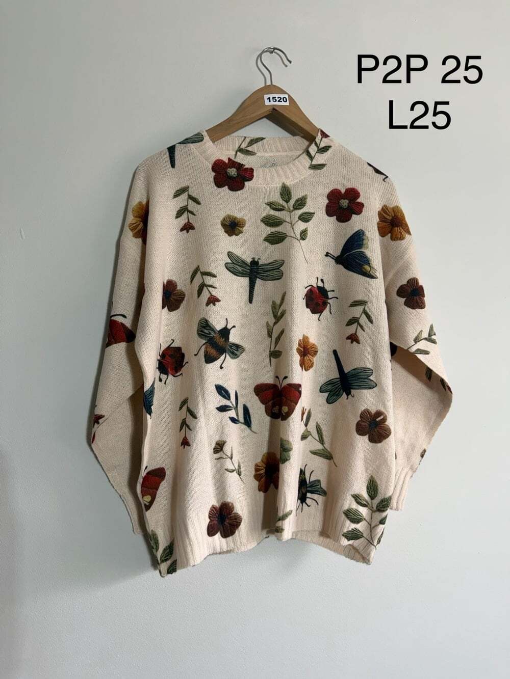 Cream Botanical Insect Print Oversized Sweater Floral Butterfly Bee M-XL - Picture 2 of 7